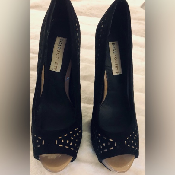 Sole Society | Peep Toe Stilettos Platform Heels | Kaitlyn | Black w Tan Detail - Picture 4 of 8